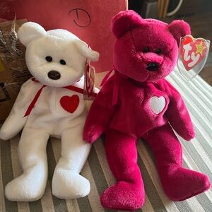NWT Ty Beanie Baby Plush Bears White and Pink with Heart Accents